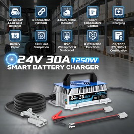 24V 30A Battery Charger 24 Volt Smart 1250W Forklift Battery Charger 3 Connect Ways IP67 Waterproof Trickle Charger for 24V Lead Acid Electric Pallet Jack, Lawn Mower, Scissor Lifter, Floor Scrubber