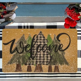 UTOWO Winter Xmas Welcome-Doormat Non-Slip Front-Door-Mats - Plaid Pine-Tree Snow Entrance Mat Porch Home Christmas Decor 17x30
