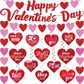 Valentines Day Party Decorations Banner Set NO-DIY Valentine's Day Decorations Includes Glitter Happy Valentines Day Banner Hanging Heart Swirls for Valentine's Party Wedding Home Office Supplies