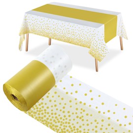 Kinlop White and Gold Tablecloth Roll 40 Inch x 300 ft Disposable Metallic Confetti Table Cover Bulk Rectangle Tablecloth Roll for Wedding Birthday Bridal Party Decoration (Gold)