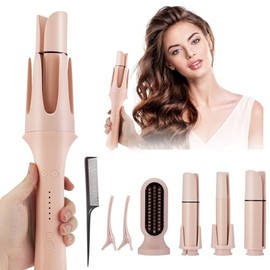 Rizadora para Cabello 4 en 1, MTQ Juego de Rizador de Cabello Automatico con 3 Barriles y 1 Cepillo Alaciador de Cabello Intercambiables, Rizador de Cabello Multifuncional con 2 Horquillas y 1 peines