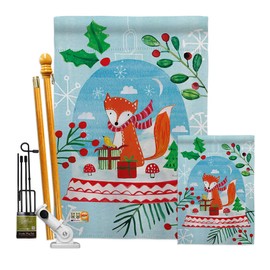 Breeze Decor FK114203-BO Snow Globe Fox Winter Christmas Decorative Vertical Kit, House & Garden Flags Set w/Flagpole, Multi-Color
