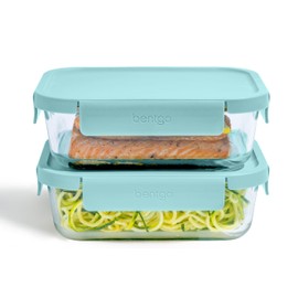 Bentgo Glass Leak-Proof Food Storage Set - 4-Piece Glass Containers with BPA-Free Airtight Lids, Reusable & Durable for Leftovers & Meal Prep - Microwave, Freezer, Oven & Dishwasher Safe (Soft Aqua)