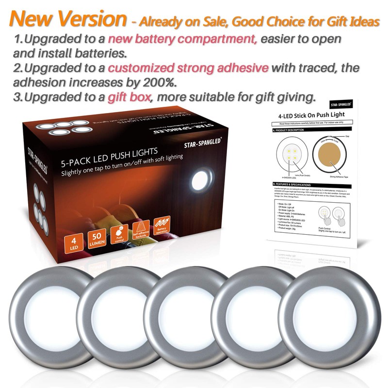 STAR-SPANGLED 5 Pack 2.8” Push Tap Lights, Stick on Touch