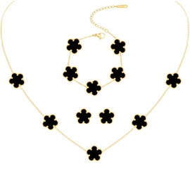 CICINIO Juego de Joyas Collar Trébol la Suerte 18 Quilates,Conjunto Pulseras Moda,Collar y Aretes para Mujer,Pendientes Florales Cinco Hojas,Regalos para Mujer (Negro)