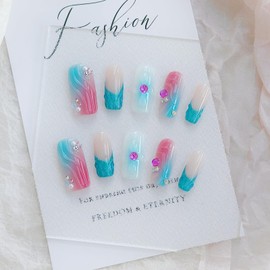 LARSOOY Nails Handmade Press on Nails Long Oval | Handmade Nails with Candy Bubble | Reusable fake Nails with Unique Designs | False Nails 10 Pcs (Underwater Adventure, S)