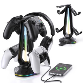 Luckit Gaming Headphones Stand, RGB Headset Stand with 12 Light Modes, Controller Holder with 2 USB Charging Ports - Supports Data Transfer, Earphone Hanger Accessories for Desktop Gamer