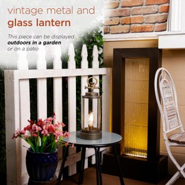 Alpine Corporation ILT100HH-L-GD, Vintage Metal & Glass Lantern w/Warm LED Light & Timer, LED Home Decor, Large, 17''H, Gold