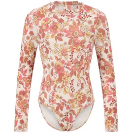 Billabong Girls' Long Sleeve Onesie Rashguard Swimsuit with UPF 50+ Sun Protection, Quick Drying Bathing Suit, Whitecap Wildflower