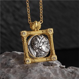 DYFUHO Myth Goddess Athena Owl Hecate Medallion Double-Sided Antique Coin Necklace,Greek Myth Queen Square Medal Necklace for Women