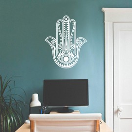 Vinyl Wall Art Decal - Hamsa Hand - 29" x 23" - Hand of Fatima Evil Eye Protection Blessing Symbol - Home Apartment Decor - Yoga Studio Namaste Meditation Mandala House Warming Gift (29" x 23"; White)