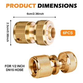 Brass Hose Connector, Pack of 6 Hose Couplings, 1/2 Inch, Garden Hose, Quick Connector, Brass Hose End Connector, Quick Coupling for Garden Hoses, Tap