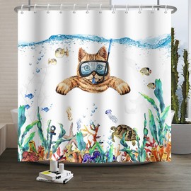 Xiaoterna Ocean Shower Curtain Bubble Marine Life Deep Sea Bathroom Curtain Cat Diving Shower Curtain Tropical Fish Turtle Shower Curtain Machine Washable Waterproof Fabric 105x160cm