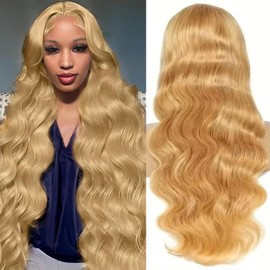 Geomone 30 Inch Honey Blonde Wig Human Hair 200 Density Honey Blonde Lace Front Wigs Human Hair Pre Plucked HD Lace Front Wig Human Hair 27# Colored 13x6 Body Wave Lace Frontal Wigs
