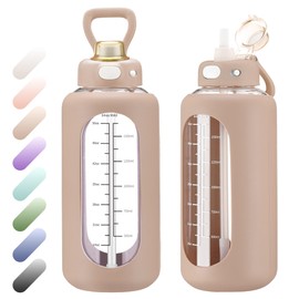 SIEROZUR 42 oz Glass Water Bottle with Straw and Handle Half Gallon Large Water Bottle with Silicone Sleeve and Time Marker Sports Water Jug Wide Mouth for Travel Gym
