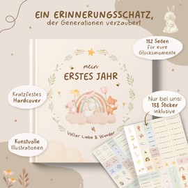 GLÜCKSNEST My First Year Baby Album with 138 Stickers, Baby Book for Entering with Creative Templates, Memory Book Baby & Photo Album Baby for Girls and Boys, Baby Gift Birth