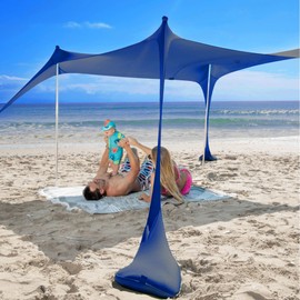 SUN NINJA Beach Tent Sun Shelter UPF50+ - Easy Pop Up Beach Canopy - Outdoor Shade for Camping Trips, Fishing, Backyard Fun Picnics - Sand Shovel, Ground Pegs & Stability Poles