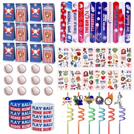 XIPEGPA 72 PCS Baseball Party Favors Set Baseball Gift Bags Slap Bracelets Straws Silicone Bracelets Tattoo Stickers Mini Baseballs for Goodie Bag Fillers Baseball Themed Birthday Party Supplies