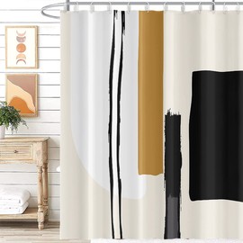 Umpoo Abstract Geometric Shower Curtain Watercolor Black and Tan Stripes Pattern Design for Modern Minimalist Bathroom Decor Accessories Shower Curtain Set with 12 Hooks, 60x72 Inches