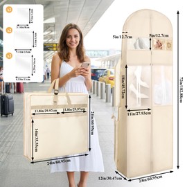 PercyEffie Wedding Dress Garment Bag, 72” Tri-fold Bridal Gown Bags with 6pcs Pouches for Long Gowns and Adjustable Buckle Gown Cover for Wedding, Evening Gowns, Travel, Closet Storage, Prom, Beige
