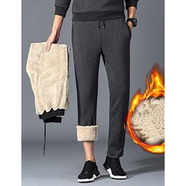 Yeokou Mens Winter Warm Sherpa Lined Active Thermal Jogger Fleece Sweatpants Pant (X-Large, Style12Grey-Straight Leg)