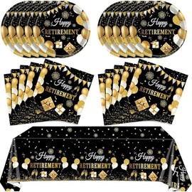 96 PCS Retirement Party Decorations for Men Women Happy Retirement Plates Napkins Set Black and Golden Disposable Dinnerware Tableware for Going Away Retired Farewell Party, Serve 24 Guests