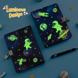 Space Diary Set - Luminous Notebook Gift for Boys Children Travel Journals School Notebooks A5 Memos Writing Notepad Ballpoint Pen Sticker with Lock and Keys