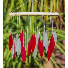 Red & White Glass Wind Chime Recycled Glass and Bamboo Driftwood Garden Chime Hanging Outdoors Indoors Multicoloured Fairtrade Eco Friendly Handmade Fairtrade
