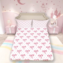 Pink Bowknot Fitted Sheet Full Size,Castle Princess Style Bow-tie Romantic Bedding Set,Girls Women Room Decor,Geometric Dots Cartoon Bed Cover,Pink White Simple Bed Sheet,2 Pillowcases