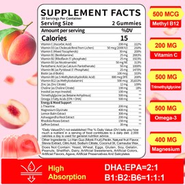 BSSTABBON Organic Methylated Vitamin B Gummies: Natural Complex Supplement with B1 B2 B3 B5 B6 B7 B9 B12 Plus D3 Zinc Magnesium Ashwagandha Omega3 - Energy Support for Work Adults Women Men(120Count)