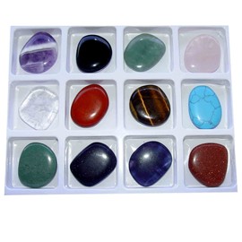 Janni-Shop-Trommelsteine Healing Stone Starter Set 12 Pieces Flat Gemstones Individually Named Each Approx. 30-40 x 10 mm e.g. Amethyst Rock Crystal Tiger's Eye etc.