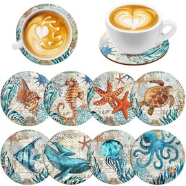 UPINS 8 Pieces Wooden Coasters for Drinks，Coastal Decor Ocean Beach Theme Tropical for Housewarming Apartment Kitchen Room Bar Decor Wood Coasters for Table Coffee Table