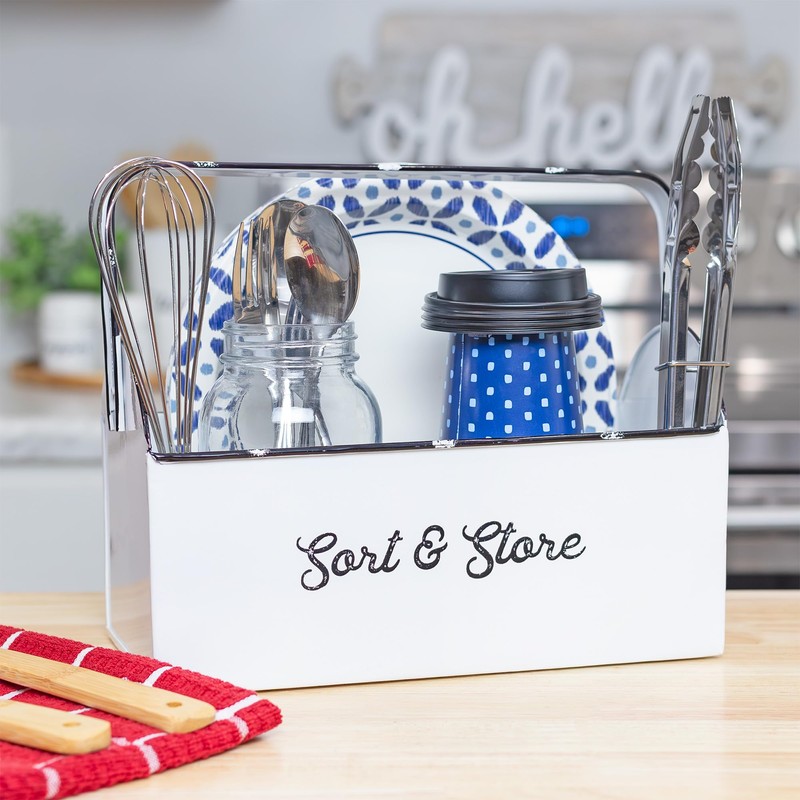 AuldHome Design Enamelware Rustic Caddy w/Handle, Distressed White Farmhouse Sort