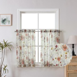 OWENIE Crushed Sheer Curtains Tiers 36 Inch Length 2 Panels, Printed Design Small Window Half Curtains Kitchen Tiers Bathroom Cafe Bedroom Cupborad Living Room, Light Filtering Curtain, 42"x36"
