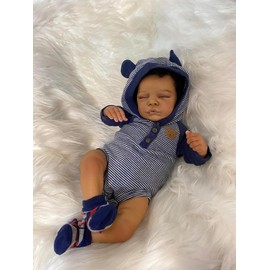 TERABITHIA 18 Inches Lifelike African American Reborn Baby Doll with Hand Rooted Hair Black Realistic Baby Doll Newborn Sleeping Dolls with Soft Cloth Body & Cozy Striped Outfit