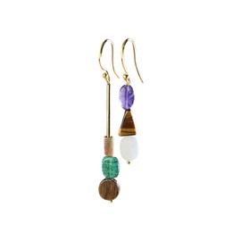 Long Asymmetric Natural Stone Amethyst Onyx Green Tiger Eye Semi Precious Stone Earrings for Women, Gold, Amethyst, Green Onix Tiger's Eye, Moonstone