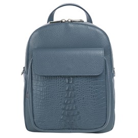 Cluty 021329 Women's Genuine Leather Backpack, Made in Italy, Smartphone Compartment, Handbag, Shoulder Bag, City Bag, Crocodile Embossed, blue, Unit size