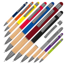 noTrash2003 10 Ergonomic Ballpoint Pens with Metal Tip and Bamboo Grip Zone and Touch Function 10 Colours Retractable Ballpoint Pen Multicoloured Blue Ink (Colour Mix)