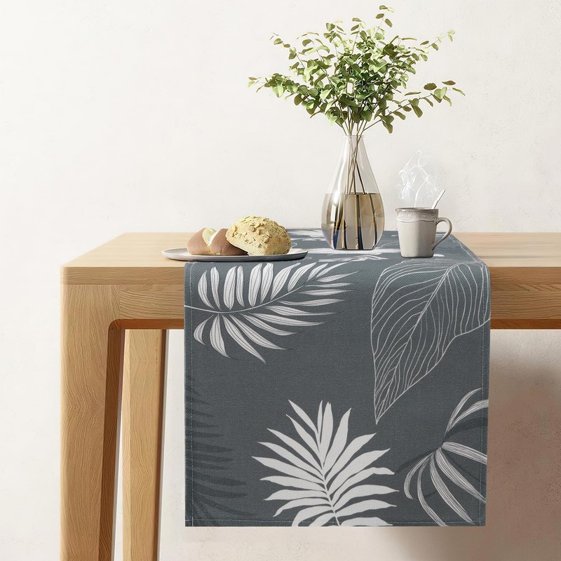 Alishomtll Grey Linen Table Runner Tropical Leaves Table Runner Rectangular