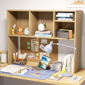 Mmucco Desk Hutch Dorm,2-Tier 4 Shelves Display Rack,Desk Shelving Desktop Bookshelf for Computer Desk,Multi-Purpose Organizer Shelf Suitable for Office Home Dormitory (Wood Color)