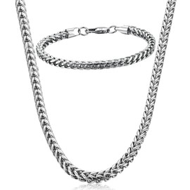 JeryWe 2pcs Mens Chain Necklace Bracelet Set Stainless Steel Wheat Chain Necklace Bracelet Jewellry for Women Men Boy Girls Set 5mm in Width, 23" 8.5" Silver