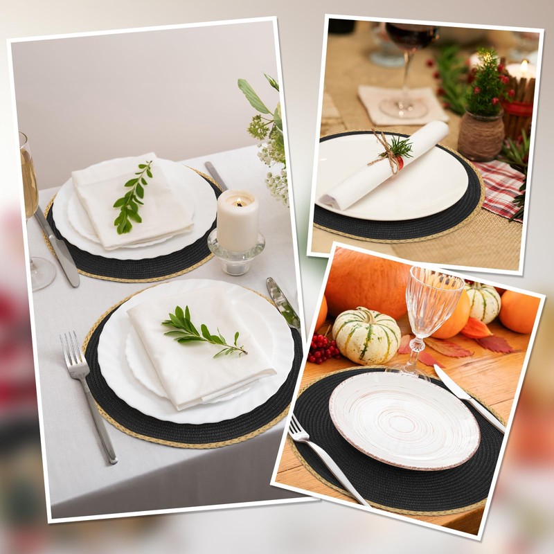 comfoyar Black Round Braided Placemats Set of 6, 14.2x14.2 Inch