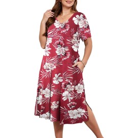 BELAROI Women Plus Size Dresses Summer Casual Loose Flowy Midi Tshirt Dress V Neck Short Sleeve Long Maxi Side Split Sundress Beach Cover Ups with Pockets (3X, Flower12)