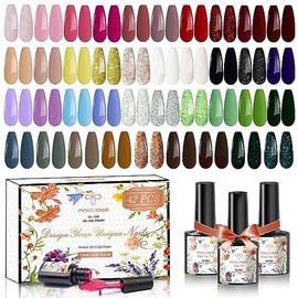 42Pcs Semi-Permanent Nail Polishes, Kit Collection with Base and Top Coat, Matt Coat