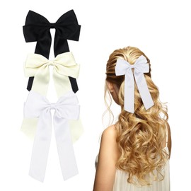 3Pcs Hair Bows, Hair Ribbons for Women, Satin Bow Hair Clips for Women Girls Hair Accessories Hair Barrettes(Black, Beige, White)