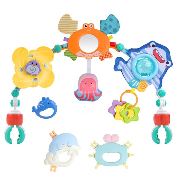 Aila Baby Pram Toys, Baby Arch Pram Play Toys with Rabbit Rattle, Foldable Pram Toys for Babies 0-24 Months, Travel Play Arch Stroller for Bouncers Pram, Stroller, Car Seat, Crib- Crab