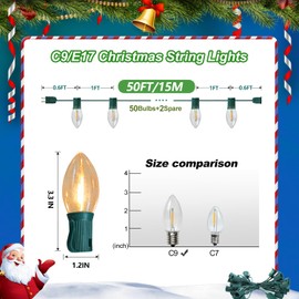 YIMILITE C9 Christmas String Lights, 50 Feet Waterproof Connectable Lights, Christmas Lights for Indoor Outdoor Home Yard Roof Xmas Tree House Decorations, 50+2 Bulbs, Warm White