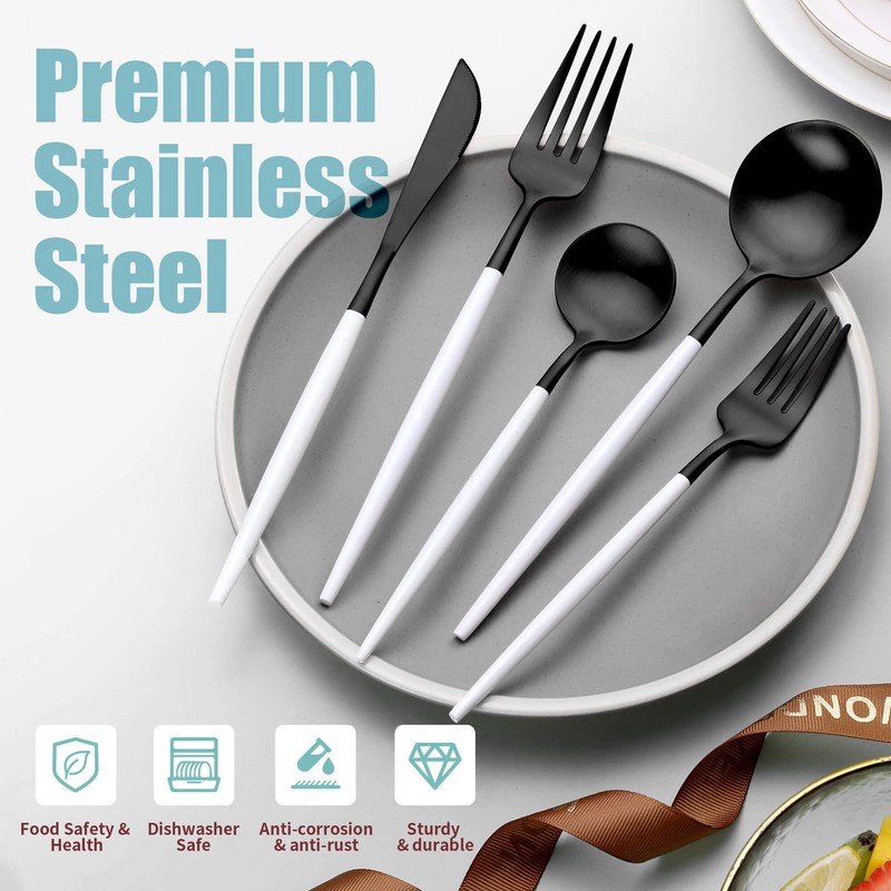Lemeya Matte Black White Silverware Set for 6,Modern Stainless Steel