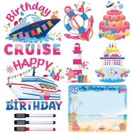 JoyAura Birthday Cruise Door Magnets - 7 Pcs Pink Happy Birthday Magnet Stateroom Decorations Magnetic Ship Cabin Stickers Carnival Decals Party Decor with Pens Car Refrigerator Accessories for Girl