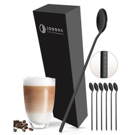 JODORA Design Latte Macchiato Spoon Black 19 cm - 6 Long Spoons Made of Rustproof 304 Stainless Steel - Sturdy Dessert Spoon Long Dishwasher Safe